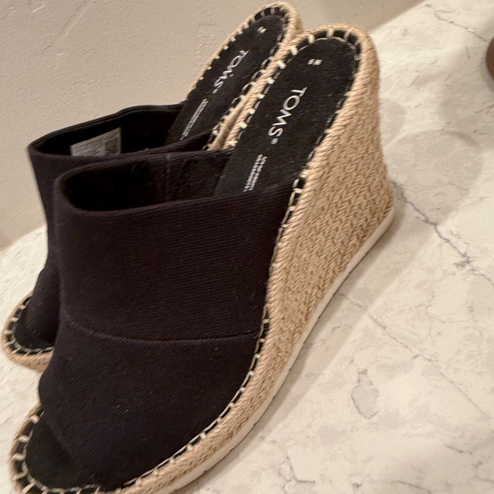 TOM’s Black Wedge Espadrille Sandals
